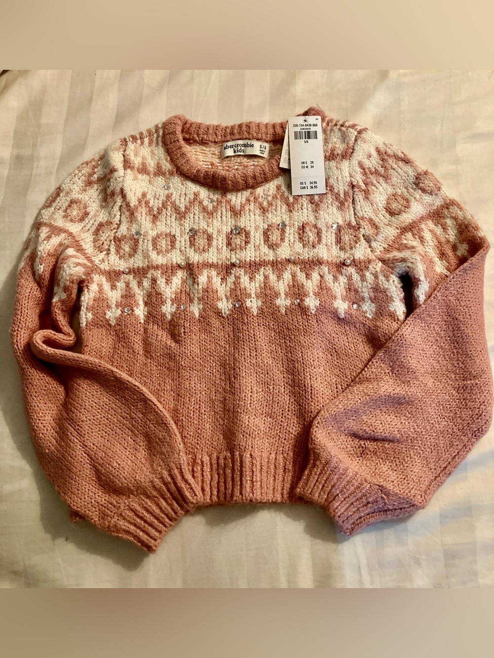 NWT Abercrombie Kids Rose Pink Fair Isle Crewneck Sweater 5/6